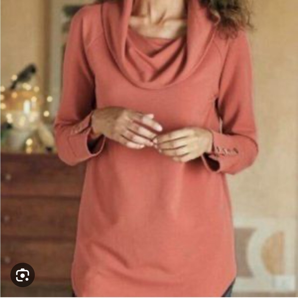 Soft Surroundings Orange Cowl Neck Longline Sweater Gold Buttons Size M
